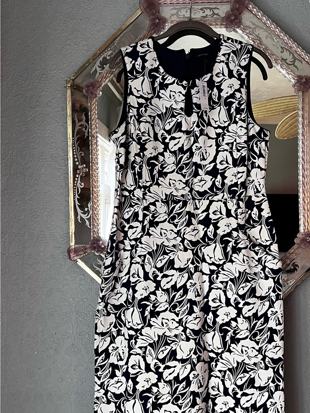 Lands' End Black and White Sleeveless Floral Ponte Midi Dress With Pockets
